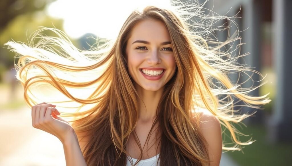 Mulher feliz com cabelos longos e saudáveis usando Long Beauty