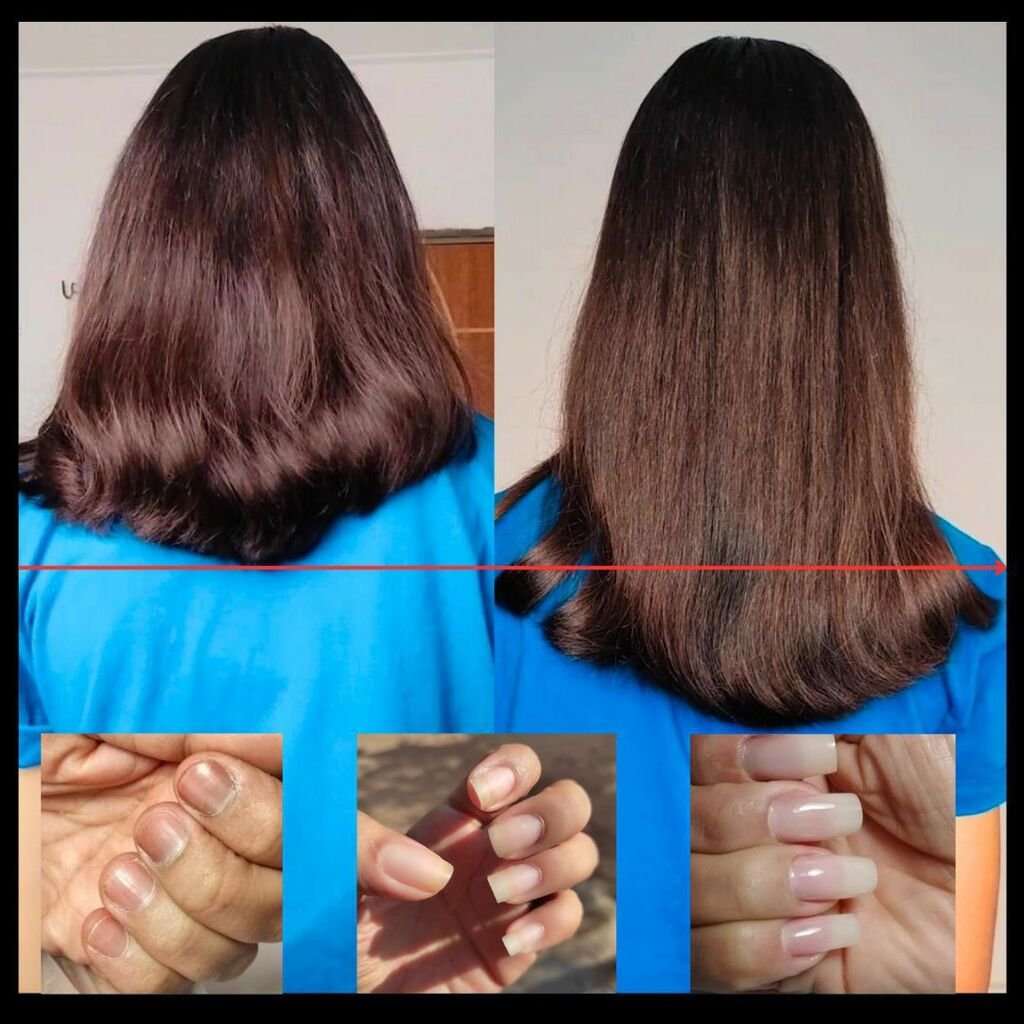 Mulher mostrando o crescimento e brilho dos cabelos após usar Long Beauty